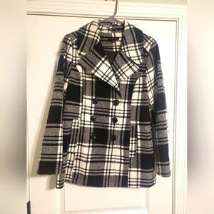 Women's Black & White Plaid Double-Breasted Peacoat